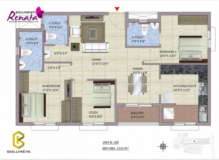 1215 Sq.Ft, 3 BHK Flats For Rent in Ottiambakkam